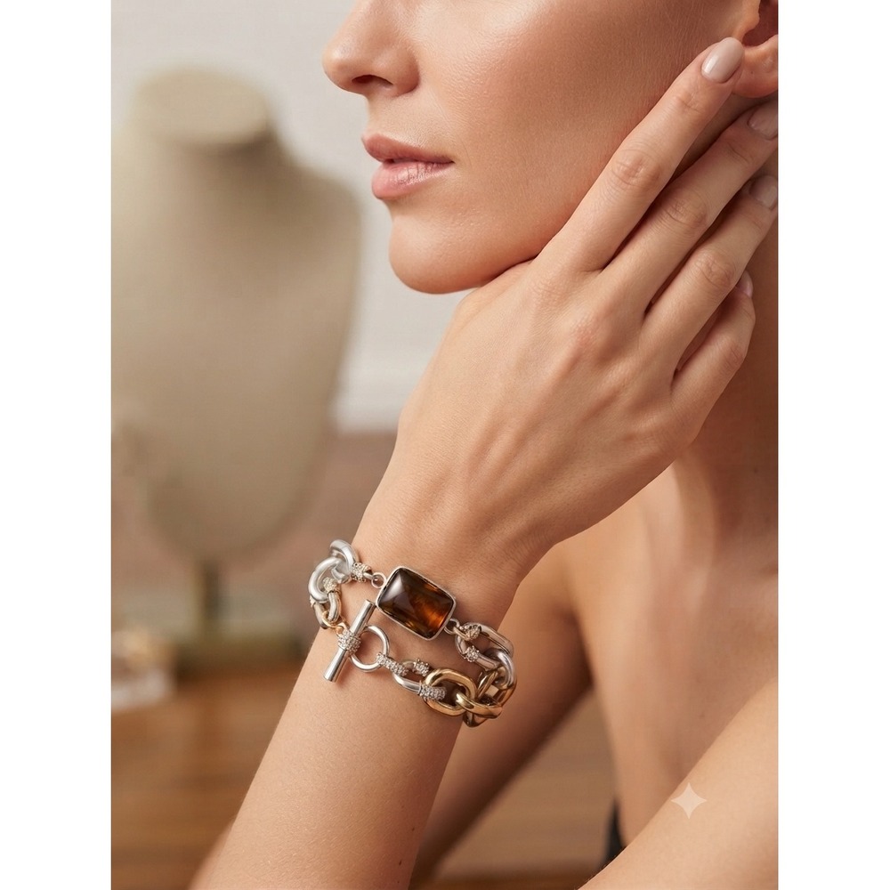 Kenneth Cole Mixed Metal Chain Link Bracelet Amber Stone Crystal Toggle 8.25in